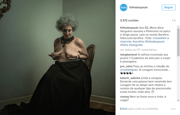 Print de post, com foto da atriz Maria Alice Vergueiro, capa da "Serafina", apagado pelo Instagram