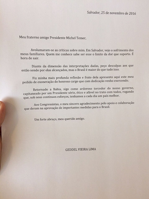 Carta de demisso de Geddel Vieira Lima