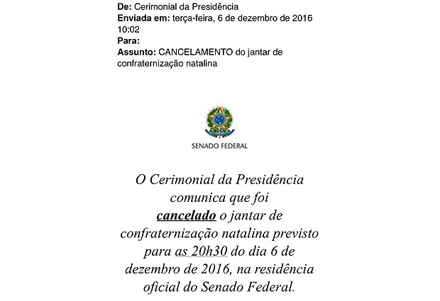 Reproducao de e-mail que foi enviado ao senadores cancelando jantar de Renan Calheiros