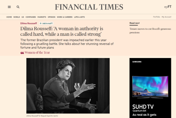 A ex-presidente Dilma Rousseff  uma das mulheres do ano do jornal britnico "Financial Times"