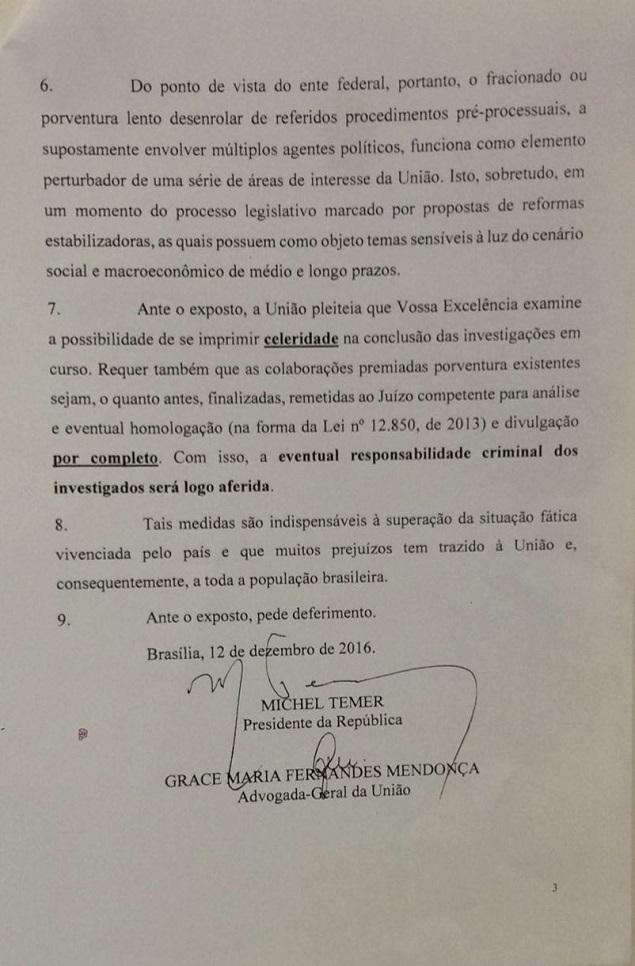 Carta do presidente Michel Temer (PMDB) ao procurador-geral da República, Rodrigo Janot 