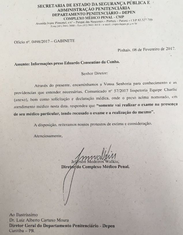Laudo sobre negativa de Eduardo Cunha em fazer exame
