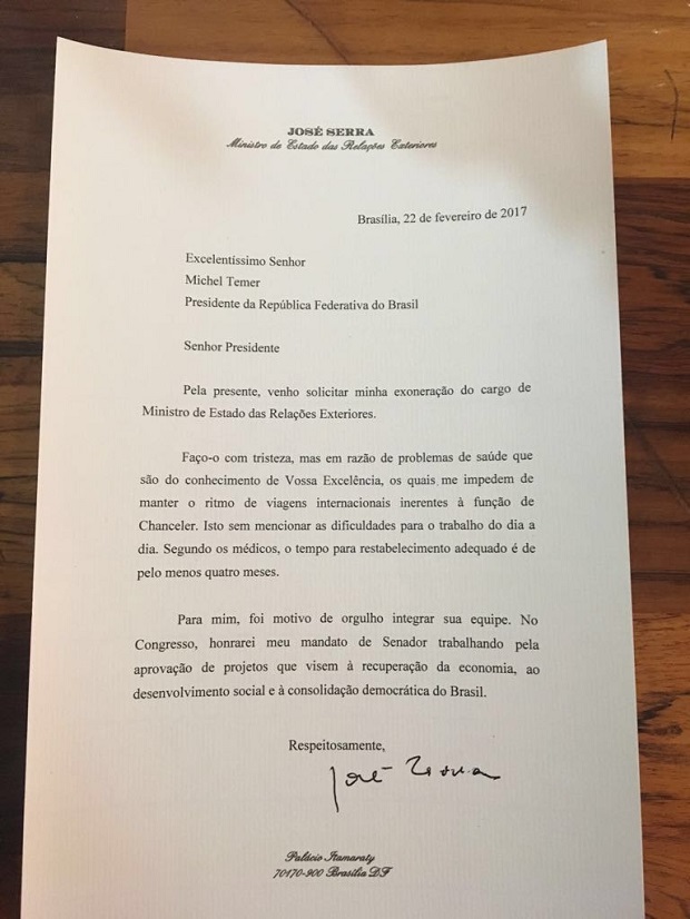 Carta de demissão do chanceler José Serra (PSDB) ao presidente Michel Temer (PMDB)