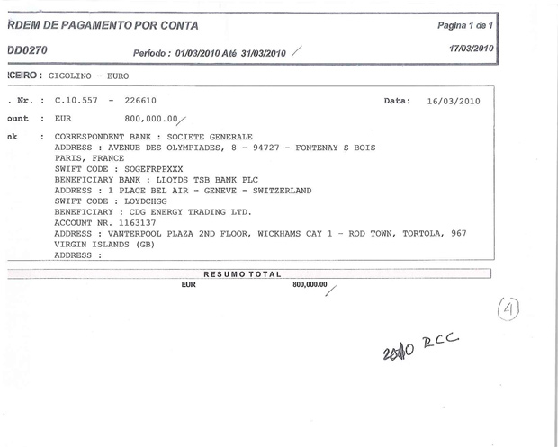 um documento entregue por um delator sobre transferências feitas em euros para o Serra no exterior