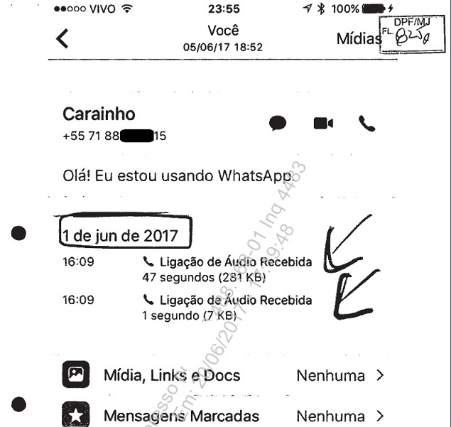 Registro de ligao feita pelo ex-ministro Geddel Vieira Lima (