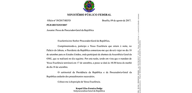 The future Prosecutor General, Raquel Dodge, sent a communique to the current one, Rodrigo Janot, informing him of the meeting