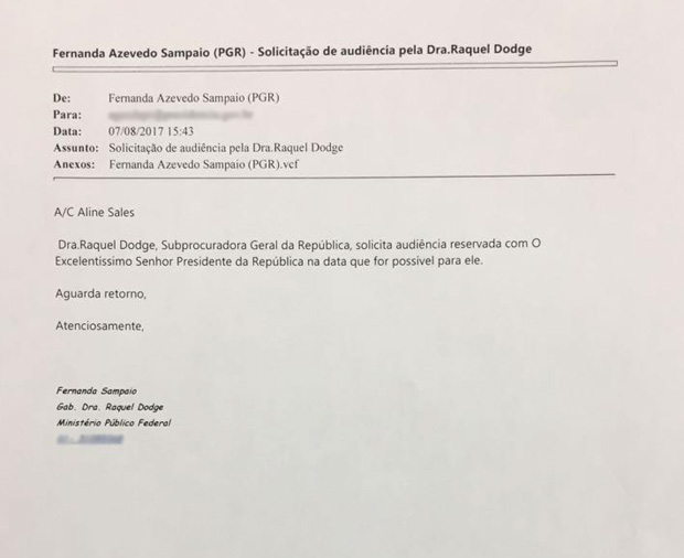 Reproduo de e-mail enviado pela Procuradoria-Geral da Repblica solicitando audincia de Raquel Dodge com o presidente Michel Temer