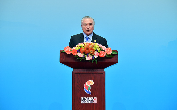 (170903) -- XIAMEN, Sept. 3, 2017 (Xinhua) -- Brazilian President Michel Temer delivers a speech at the BRICS Business Forum in Xiamen, southeast China's Fujian Province, Sept. 3, 2017. (Xinhua/Li Xin) (wyl)