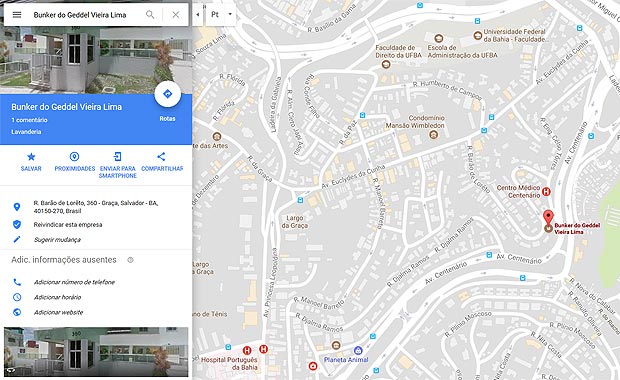 Bunker do Geddel"  marcado em mapa do Google