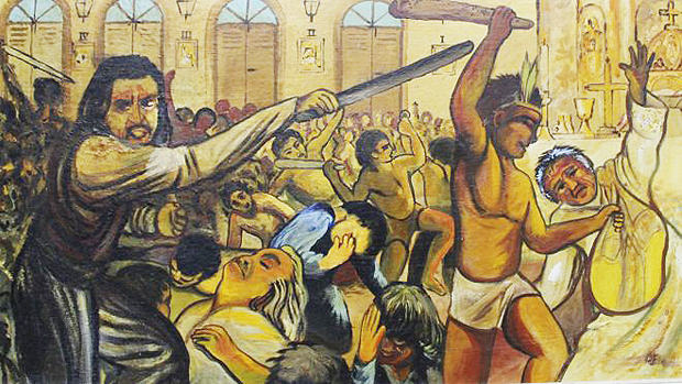 Quadro mostra massacre em Cunha, no Rio Grande do Norte. Os mortos identificados sero declarados santos neste domingo | Imagem pintada por Padre Eladio