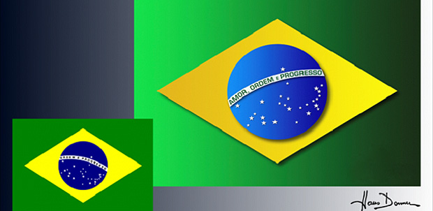 Hans Donner propõe nova bandeira do Brasil com tons degradê e palavra "Amor" -- Bandeira do Brasil atual (esq.) e o novo modelo desenhado por Hans Donner