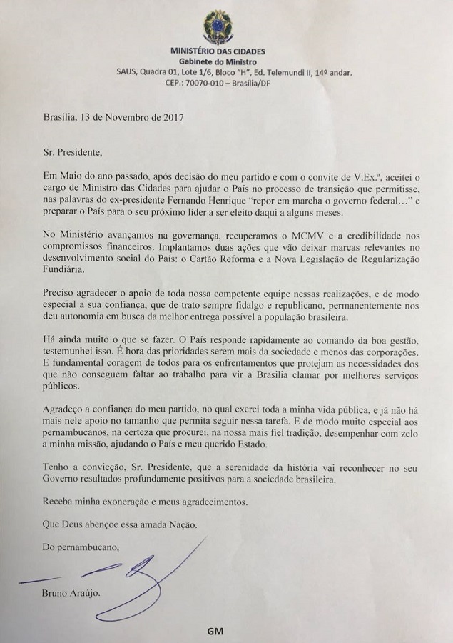 Carta do ministro Bruno Araújo, que pediu demissão