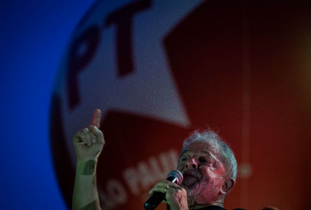 Former Brazilian president Luiz Inacio Lula da Silva speaks during a demonstration in Sao Paulo