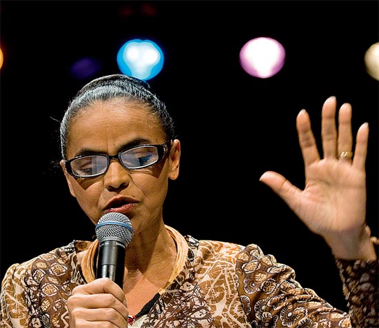 Marina Silva, no evento em São Paulo em que anunciou a saída do PV