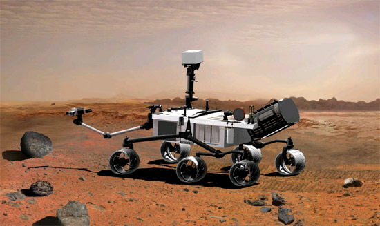 Ilustração do jipe Curiosity em solo marciano; missão no planeta vermelho começa com lançamento nesta semana