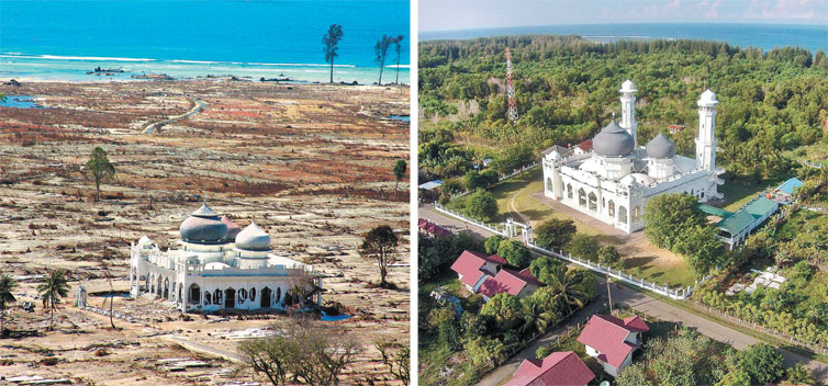  esquerda, logo aps o tsunami, a mesquita era a nica construo de p em um trecho da costa de Aceh (Indonsia); ao lado, a mesma rea, reconstruda, em dezembro de 2014