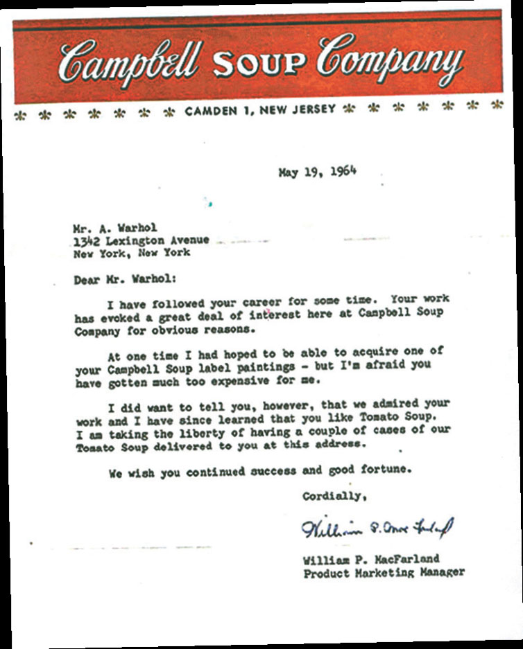 Carta enviada pelo gerente de produto das sopa me deu seu endereo. Campbell ao artista Andy Warhol, em 1964.