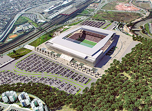 Vista area de Itaquera com insero feita por computador do projeto do estdio, que pode ser usado na Copa 2014