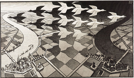 Xilogravura "Dia e Noite" (1938), que integra a mostra "O Mundo Mágico de Escher" no CCBB
