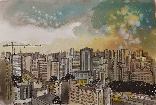 A obra "Quando Chove" do artista Carcarah mostra a vista aérea do bairro de Santa Cecília e do Minhocão)
