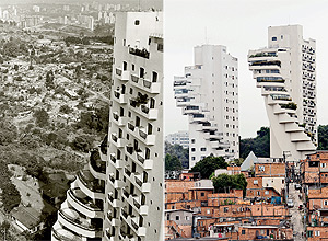 Edifcio Penthouse, em foto de agosto de 1987 e agora, junto ao irmo Roof, na fronteira com a favela Paraispolis