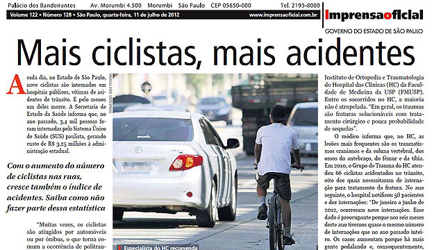 Capa do texto no "Diário Oficial" do Estado em que bicicletas nas ruas são criticadas