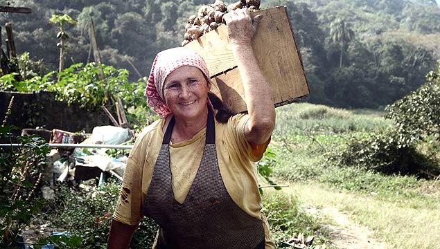 A agricultora Neide Ferreira Lopes, 59, volta da roa com caixa de gengibres; ela tambm nasceu na fazenda Santa Maria