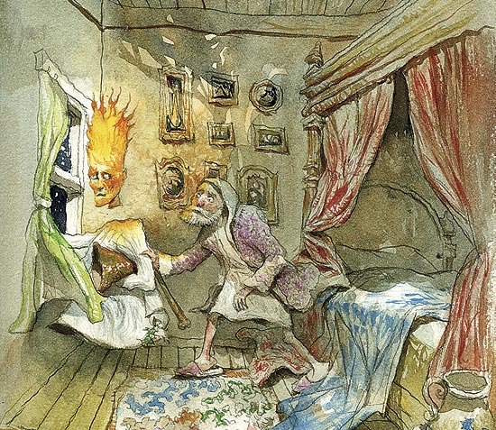 Ilustrao do livro "Um Hino de Natal", que aborda o encontro de um comerciante avarento com um fantasma