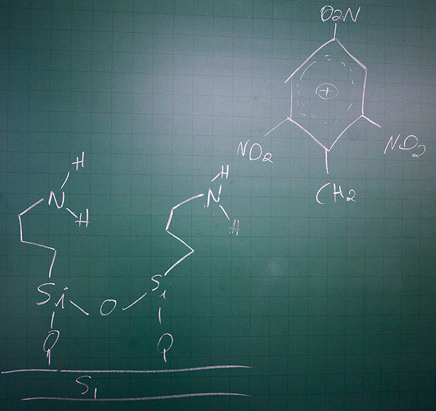 Foto da lousa do curso de cincias moleculares, na USP, no final da aula de qumica do professor Roberto Torrezi