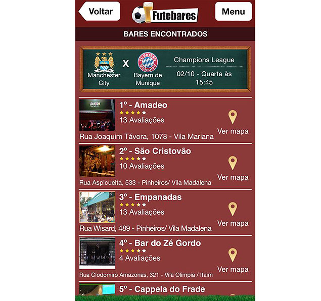 Tela do aplicativo Futebares que mostra quais bares esto transmitindo as partidas de futebol que o usurio quer assistir 