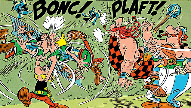 Imagem do livro "Asterix entre os Pictos", desenhado por Didier Conrad