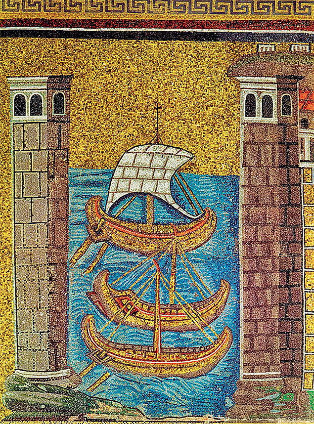 Ilustrao do livro mostra frota bizantina em Ravena, Itlia, no sculo 6