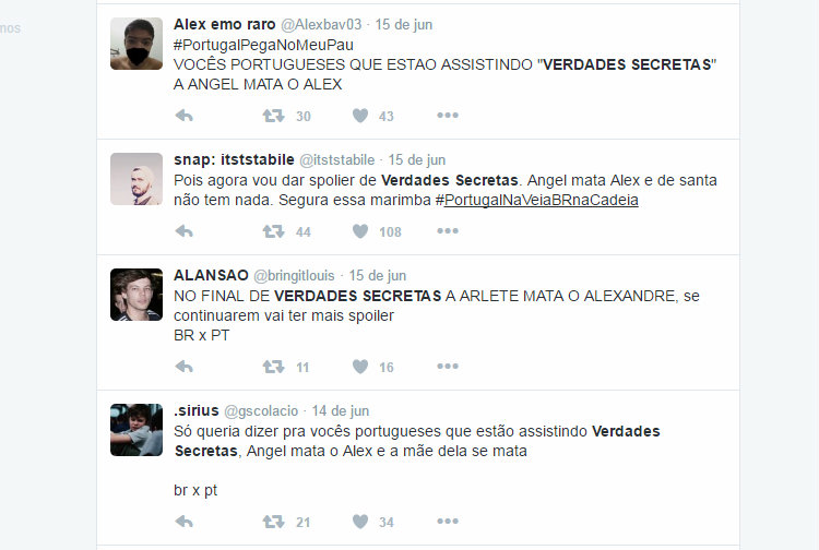 Usurios do Twitter contam "spoilers" da srie "Verdades Secretas", transmitida atualmente em Portugal
