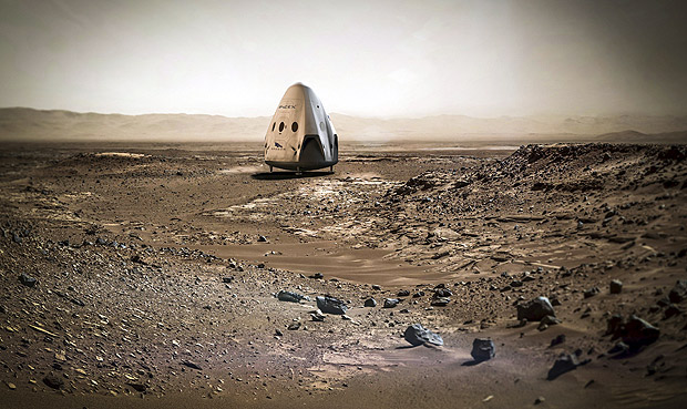 Imagem produzida pela SpaceX simula uma cpsula no solo de Marte 