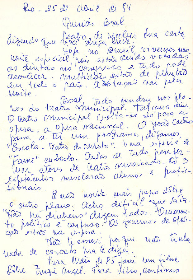 Carta da atriz Fernanda Montenegro enviada ao teatrlogo Augusto Boal em abril de 1984