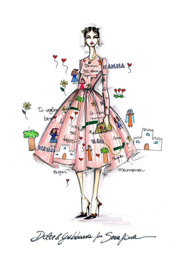"VIVA LA MAMMA" (2015)DesenhoO croqui acima, feito  mo pela dupla de estilistas Domenico Dolce e Stefano Gabbana, transformou-se em um vestido de organza de seda da nova coleo da Dolce & Gabbana, "Viva la Mamma". A estampa foi desenvolvida a partir de desenhos originais de crianas. Veja como ficou a pea, apresentada em fevereiro deste ano na Semana de Moda de Milo, em folha.com/no1673059 #serafina89