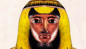 Ilustração livre que reproduz a múmia Sha-Amun com base em fotografias e nos desenhos do egiptólogo Antonio Brancaglion Ritchelly Oliveira