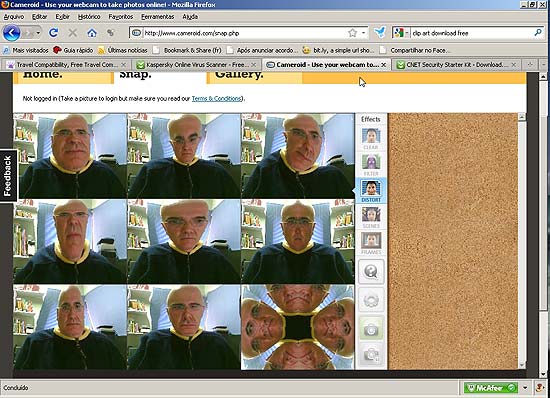 Exemplos de distores feitas sobre imagem de webcam com o site Cameroid, geradas em tempo real