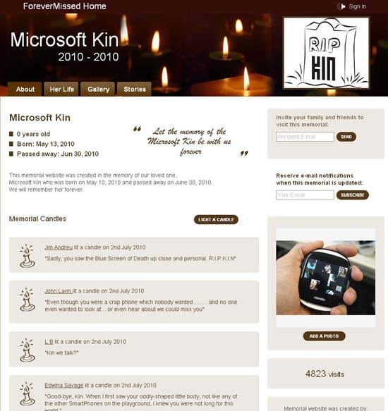 Tela do memorial on-line montado para o celular Kin, linha cancelada pela Microsoft