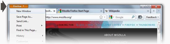 Verso beta do Firefox 4; abas de navegao agora esto no topo da pgina e o menu foi agrupado em um boto