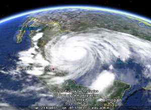 Via Google Earth, I could see that the hurricane was entering Mexico and Texas