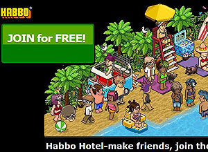 Página inicial do Habbo Hotel, comunidade virtual para adolescentes
