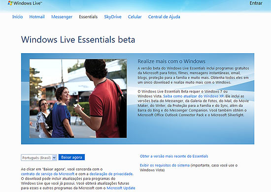 Tela do site para download do Windows Live Essentials; atualização da versão Beta traz novas funções