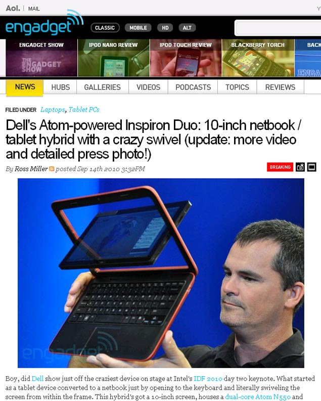 Inspiron Duo, híbrido entre tablet e netbook apresentado pela Dell em evento da Intel, nos EUA