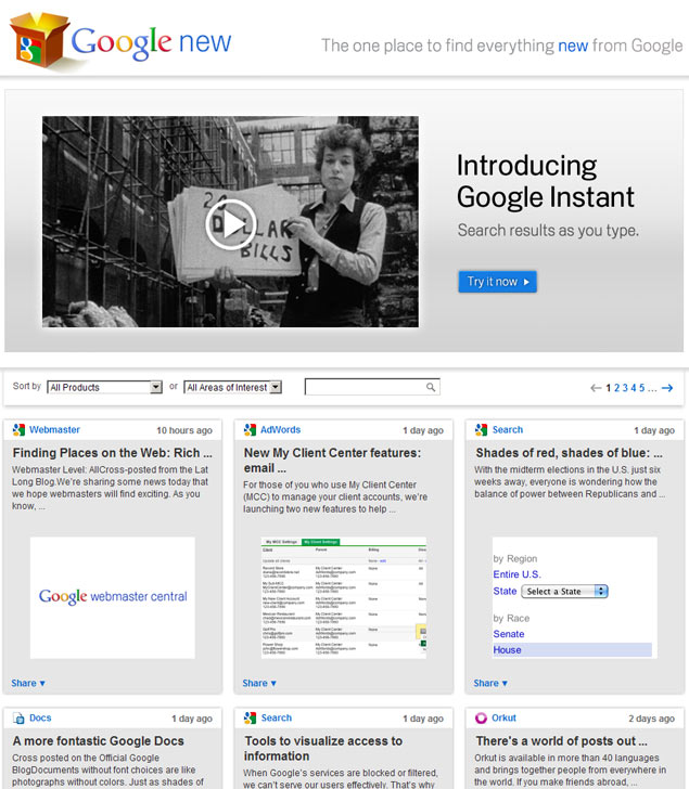 Google New, site lanado nesta quarta-feira (22) pelo Google para divulgar seus novos produtos, como a busca instantnea