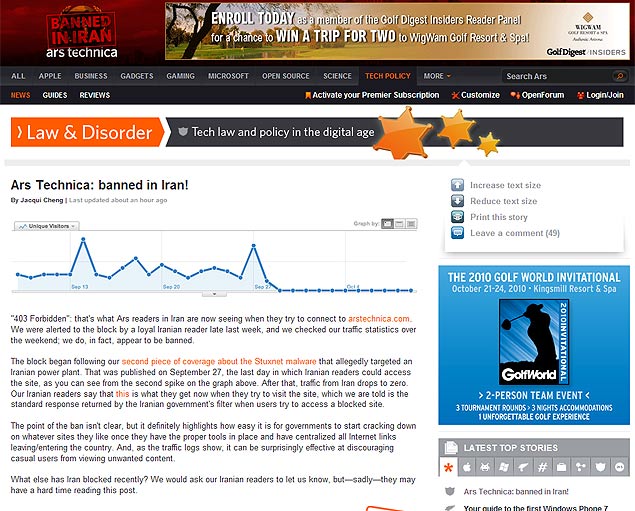Reprodução da matéria do Ars Technica que comenta suposto bloqueio no Irã; gráfico indica que acessos no país cessaram