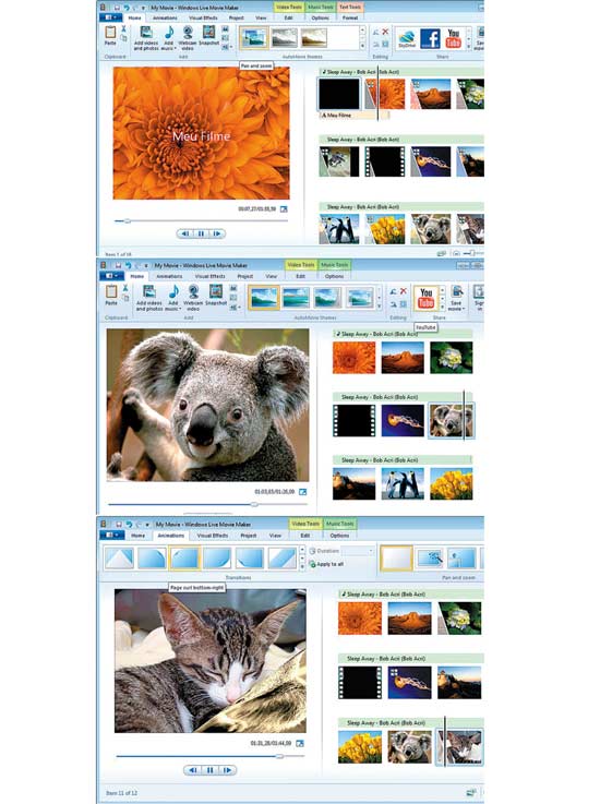 Telas do novo Windows Live Movie Maker, programa de edição de vídeos gratuito da Microsoft