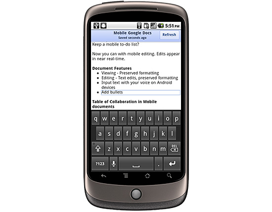 Docs rodando em um Nexus One, celular do Google, equipado com Android 2.2