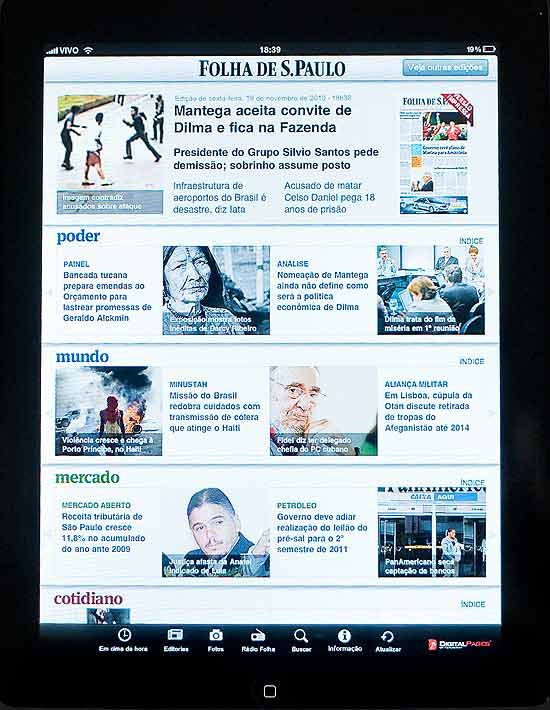Aplicativo da Folha permite acompanhar as notcias do jornal impresso, assim como as ltimas da Folha.com