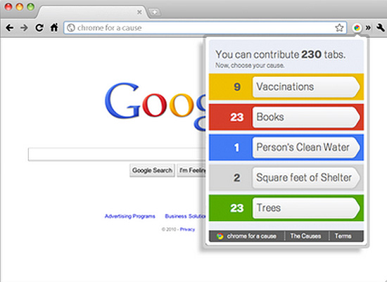Navegador do Google com a extenso "Chrome for a Cause" instalada 